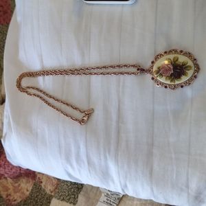 Rose gold vintage necklace. Broach style with faux amethyst.